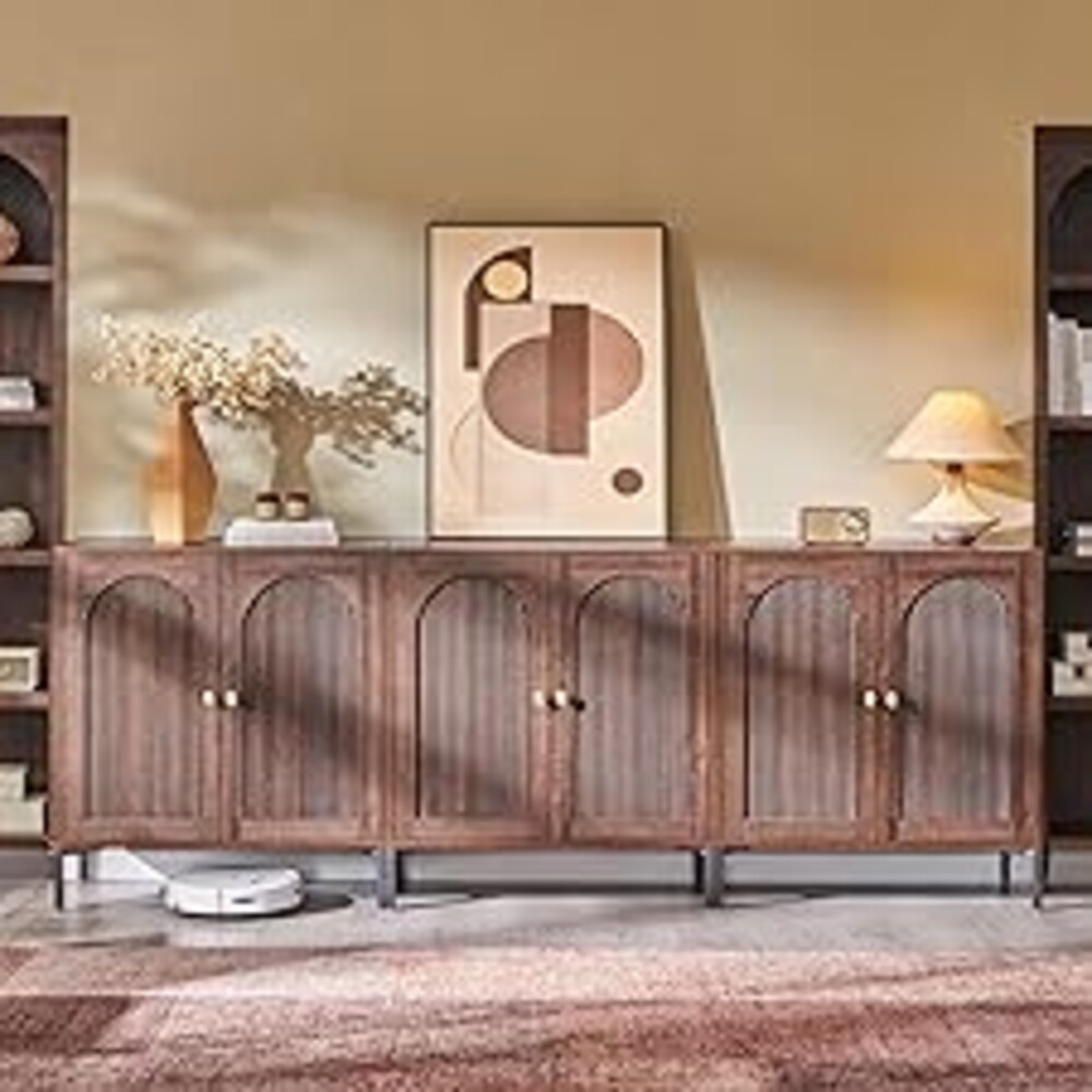 IFGET Modern Buffet Cabinet with Storage, 92.63" W Fluted Arched Sideboard Cabinet w/Adjustable Shelves, Wooden Modular Coffee Bar for Dining Room, Kitchen, Living Room, Entryway, Brown