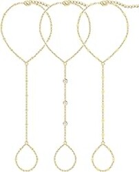 3PCS 14K Gold-Plated Hand Chain Bracelets for Women, Stack Bracelets Set Adjustable, Trendy Dainty Ring Bracelet Hand Chain