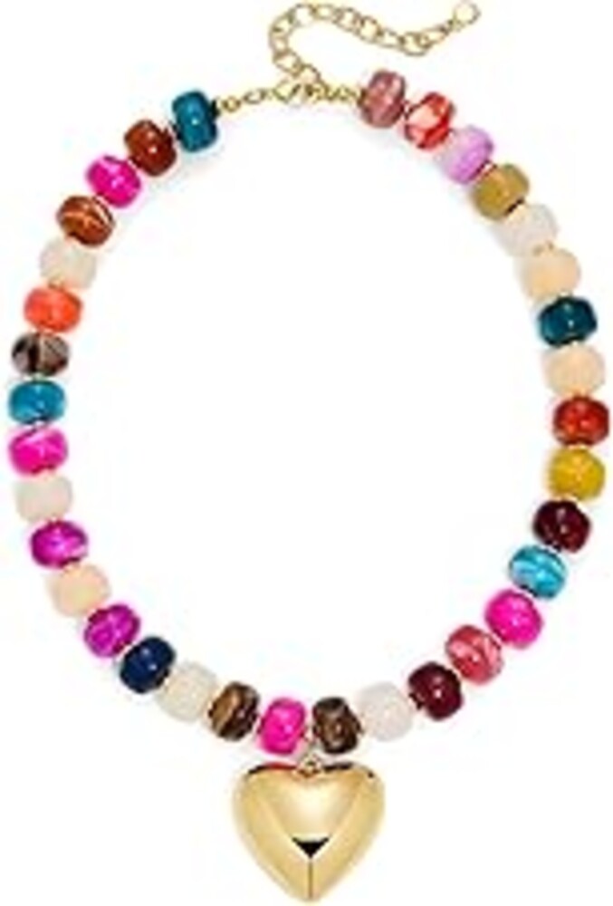 WOWORAMA Chunky Heart Necklaces for Women Colorful Resin Beaded Choker Necklace Gold Puffy Heart Statement Necklace Trendy Acrylic Choker Jewelry
