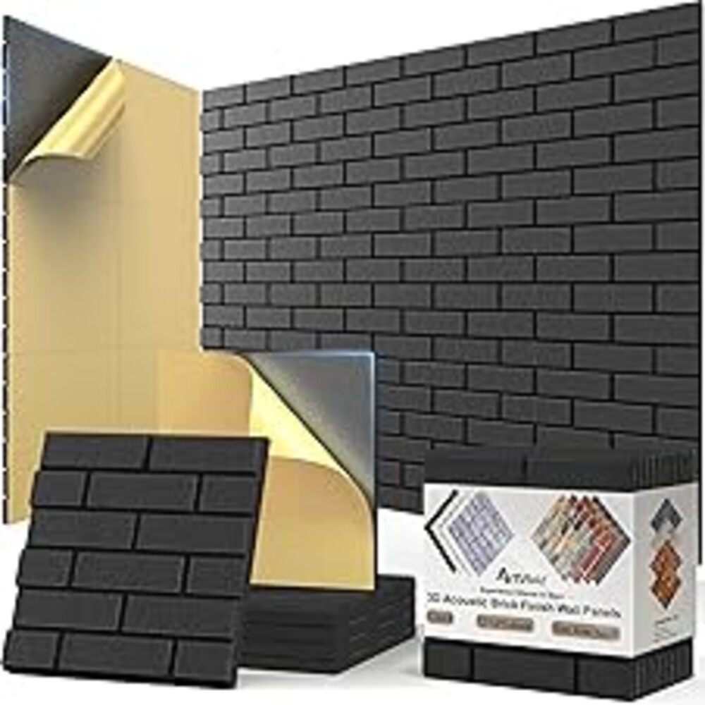 12Pack Acoustic Panels, Self-Adhesive 3D Brick Pattern Sound Proof Panels for Walls, Decorative Sound Dampening Wall Panels for Recording Studios, Offices, Home, 12"×12"×0.4", Black
