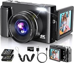 4K Digital Camera for Photography Autofocus, 2026 Latest 48MP Vlogging Camera for YouTube with SD Card, 2 Batteries, 3" 180°Flip Screen Compact Travel Camera for Teens with 16X Zoom, Anti-Shake,Black