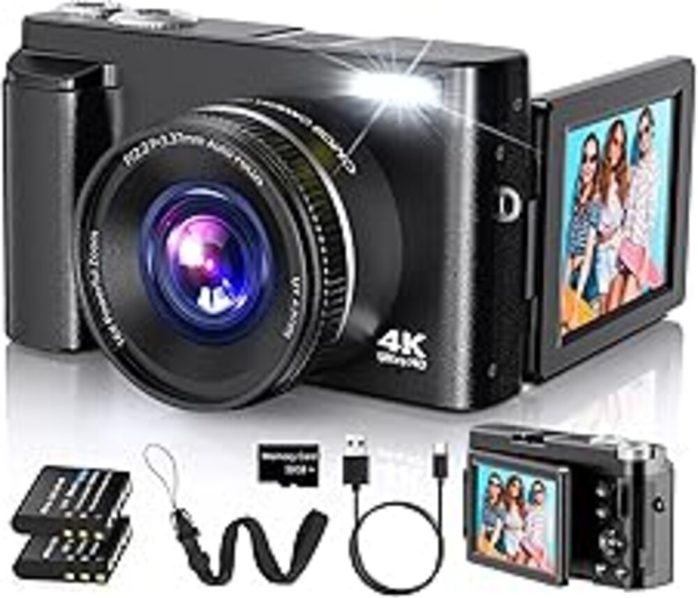 4K Digital Camera for Photography Autofocus, 2026 Latest 48MP Vlogging Camera for YouTube with SD Card, 2 Batteries, 3" 180°Flip Screen Compact Travel Camera for Teens with 16X Zoom, Anti-Shake,Black