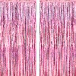 2 Pack Glitter Pink Backdrop, 3.28 FT x 7.05 FT Birthday Party Decorations, Laser Pink Fringe Curtains Foil Streamer Tinsel, Pink Curtains Photo Backdrop Happy Birthday Valentines Day Backdrop