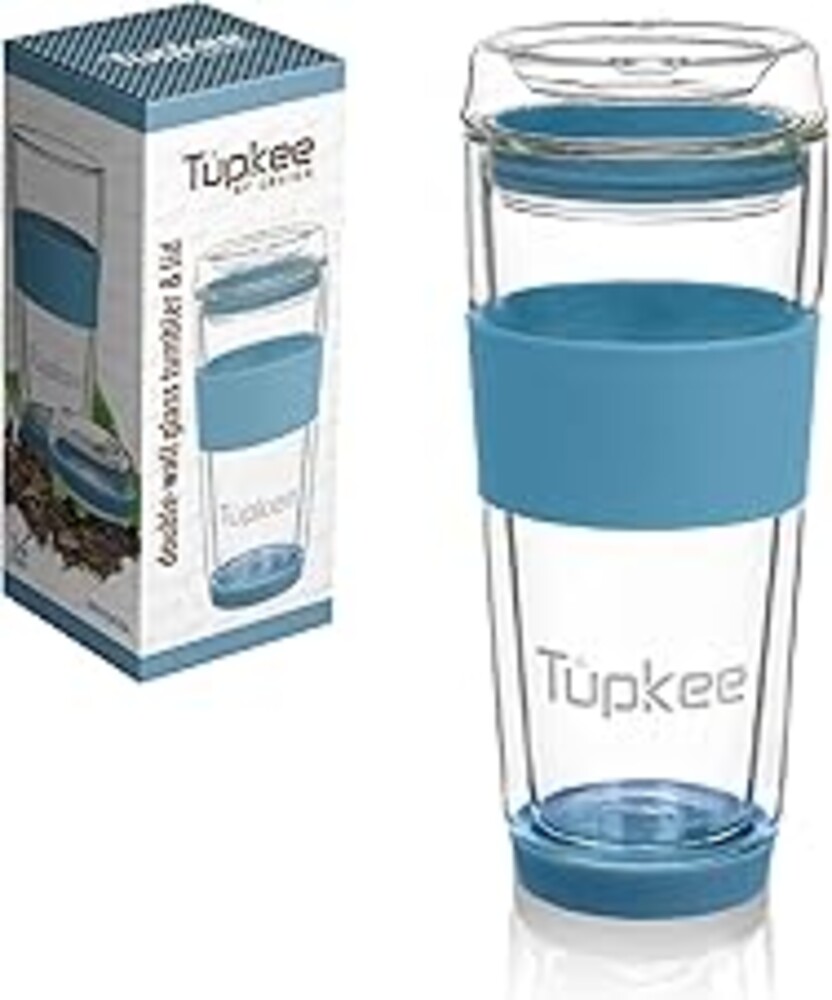 Tupkee Double Wall Glass Tumbler - 14-Ounce, All Glass Reusable Insulated Tea/Coffee Mug & Lid, Hand Blown Travel Mug - Niagara