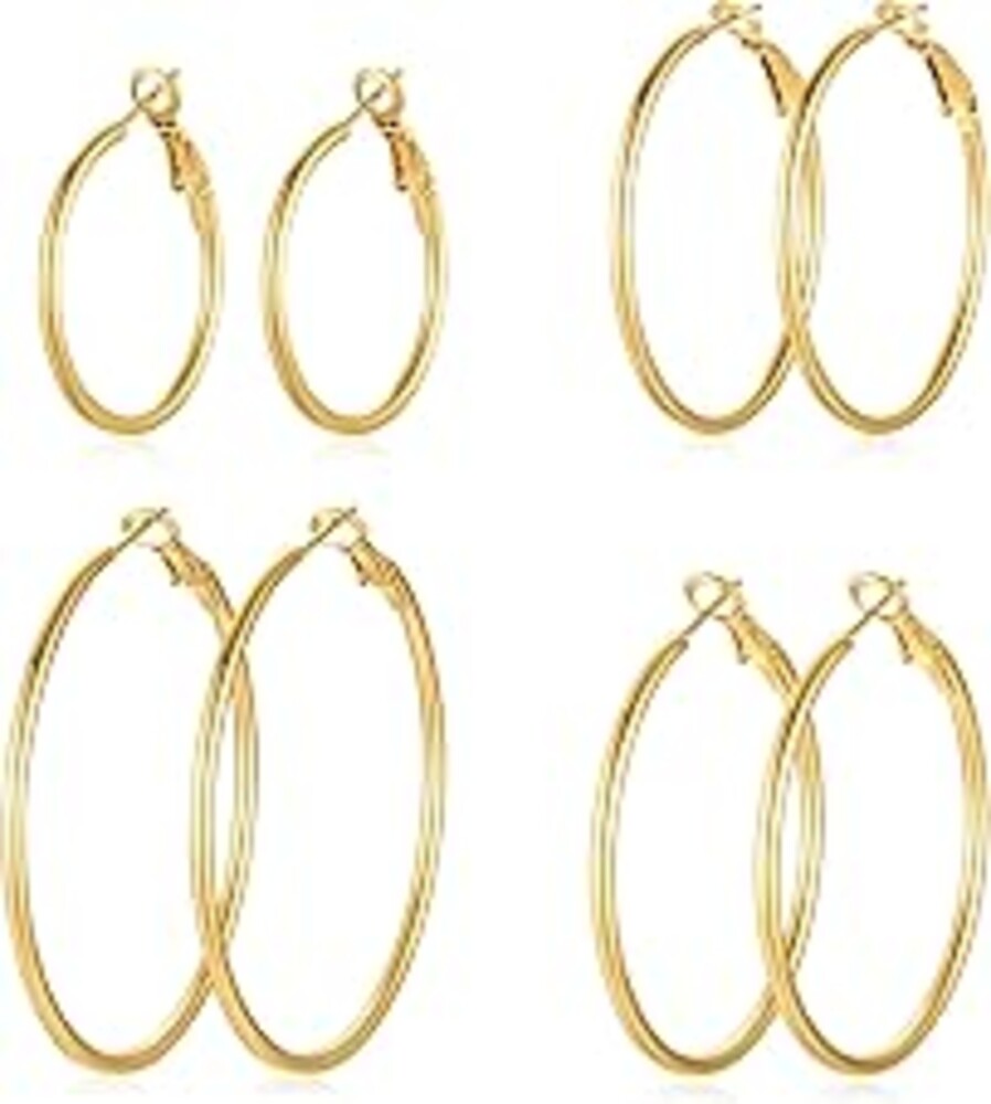 4 Pairs Silver Gold Hoop Earrings for Women | 14K Gold Plated Hoop Earrings Set Hypoallergenic Earring Lightweight Dangle Earrings Set