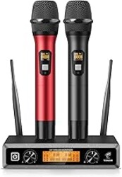 TONOR Wireless Microphones System, 2*15 Channel Metal Professional UHF Cordless Dynamic Handheld Mics with Receiver for Home Karaoke, Meeting, Party, Church, DJ, Wedding, KTV, 200ft, TW-820 Black&Red