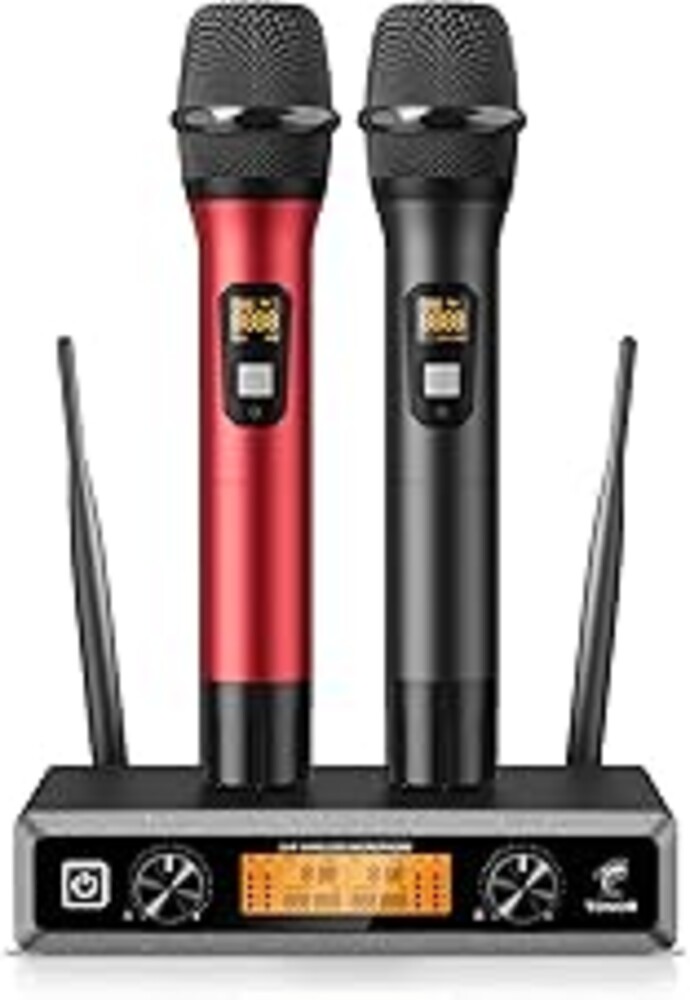 TONOR Wireless Microphones System, 2*15 Channel Metal Professional UHF Cordless Dynamic Handheld Mics with Receiver for Home Karaoke, Meeting, Party, Church, DJ, Wedding, KTV, 200ft, TW-820 Black&Red