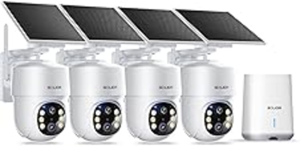 SOLIOM- 5MP Security Cameras Wireless Outdoor, No Subscription & Solar Powered,4-Cam Pack Cameras for Home Security with 360° Auto Motion Tracking, 3K Color Night Vision,5G & 2.4G Router Compatible