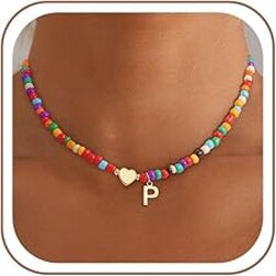 Eaciy Mothers Day Gifts - Colorful Initial Necklaces for Girls Women Kids, Teen Girls Gifts Trendy Stuff Beaded Initial Necklace Dainty Letter Choker Necklace for Girl Gift Jewelry