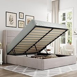 Allewie Queen Size Lift Up Storage Bed, Modern Wingback Headboard, Hydraulic Support, No Box Spring Needed, Light Beige