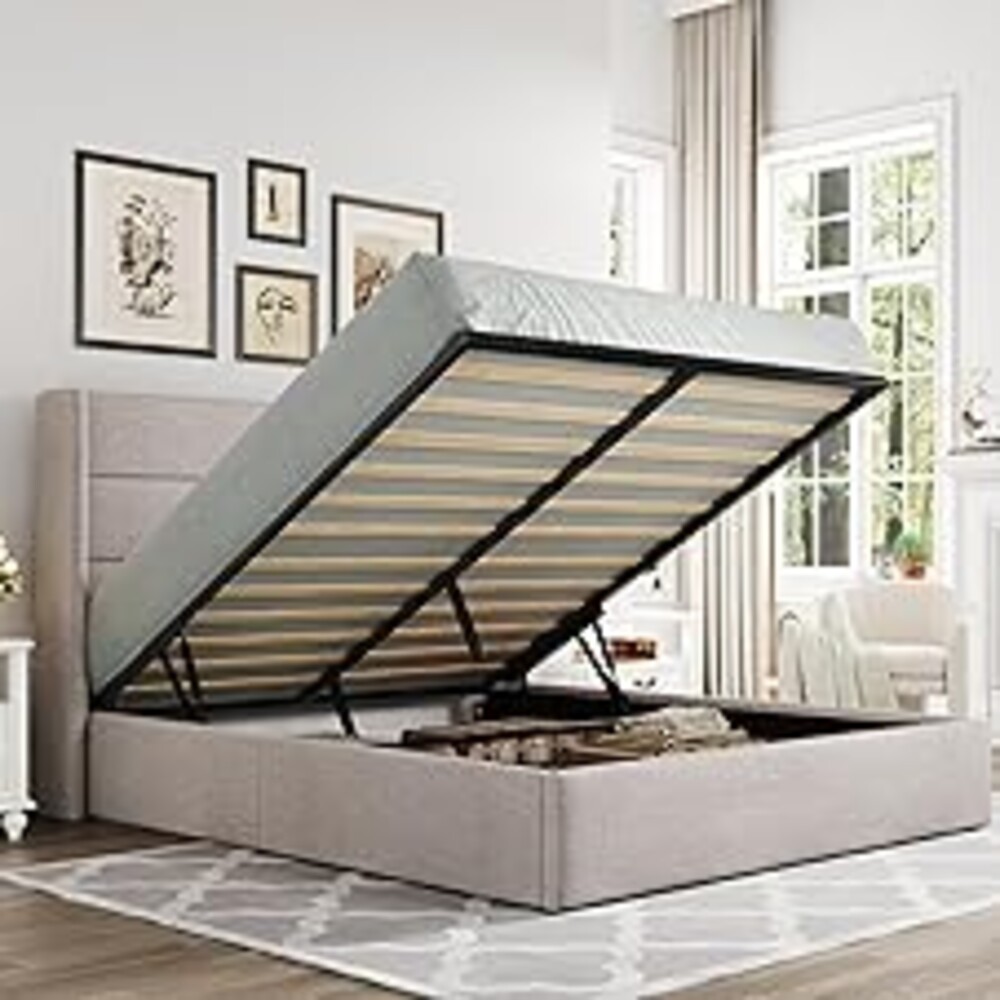 Allewie Queen Size Lift Up Storage Bed, Modern Wingback Headboard, Hydraulic Support, No Box Spring Needed, Light Beige