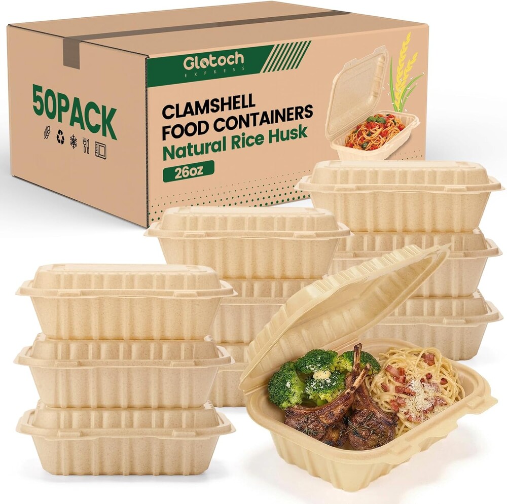 Clamshell Food Containers with Lids, 50 Pack-26oz Take Out Boxes Disposable Meal Prep Containers Natural Rice Husk Material Durable To Go Containers for Pasta Salad Sandwich Microwave Freezer Safe