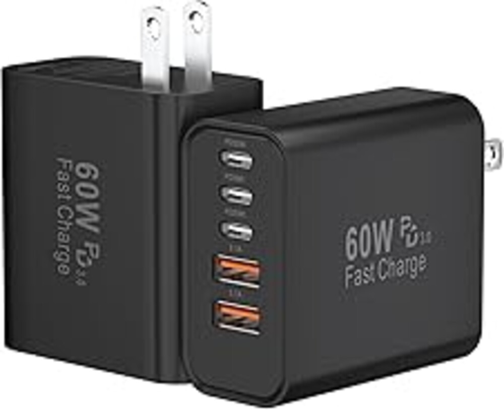 USB C Fast Charger Block, 60W 5-Port USB C Wall Charging Blocks, Type C Charger Fast Charging Brick, 3USB C+2USB A PD&QC3.0 Multiport Charger Plug for iPhone 16/15/14/13 Pro Max, iPad, Galaxy-Black