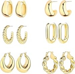 6 Pairs 14K Gold Plated Hoop Earrings for Women Lightweight Chunky Hoop Earrings Multipack Hypoallergenic, Thick Open Twisted Huggie Hoops Earring Set Jewelry for Gifts.