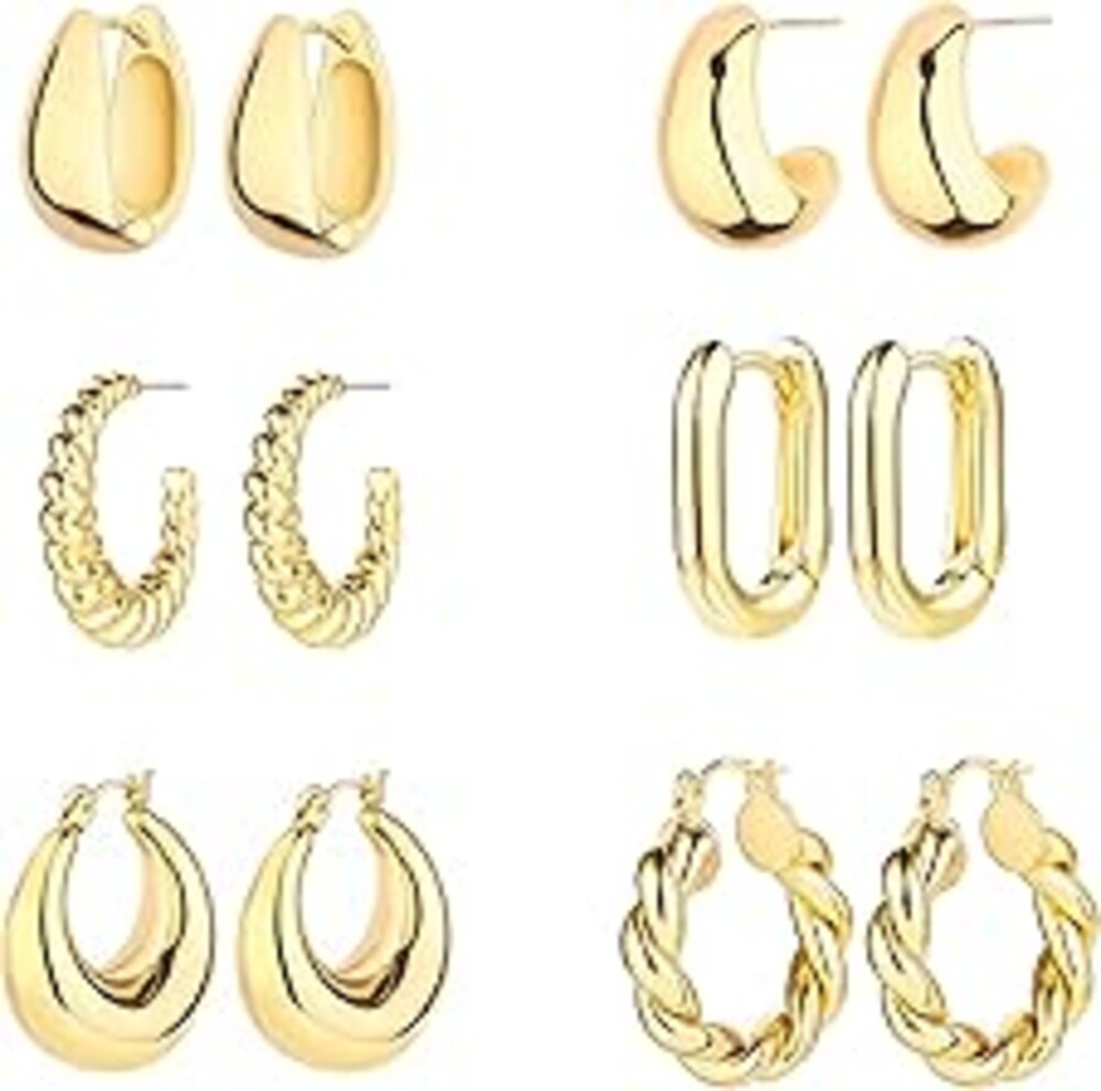 6 Pairs 14K Gold Plated Hoop Earrings for Women Lightweight Chunky Hoop Earrings Multipack Hypoallergenic, Thick Open Twisted Huggie Hoops Earring Set Jewelry for Gifts.