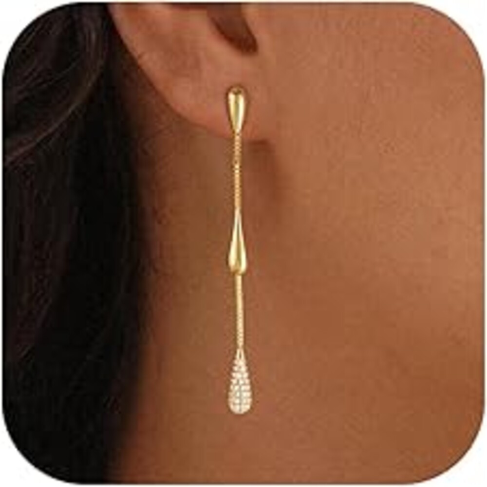 Dangle Earrings for Women Trendy, 14K Gold Plated CZ Huggie Drop Earrings, Dainty Long Chain Prom Wedding Jewelry Gift for Her