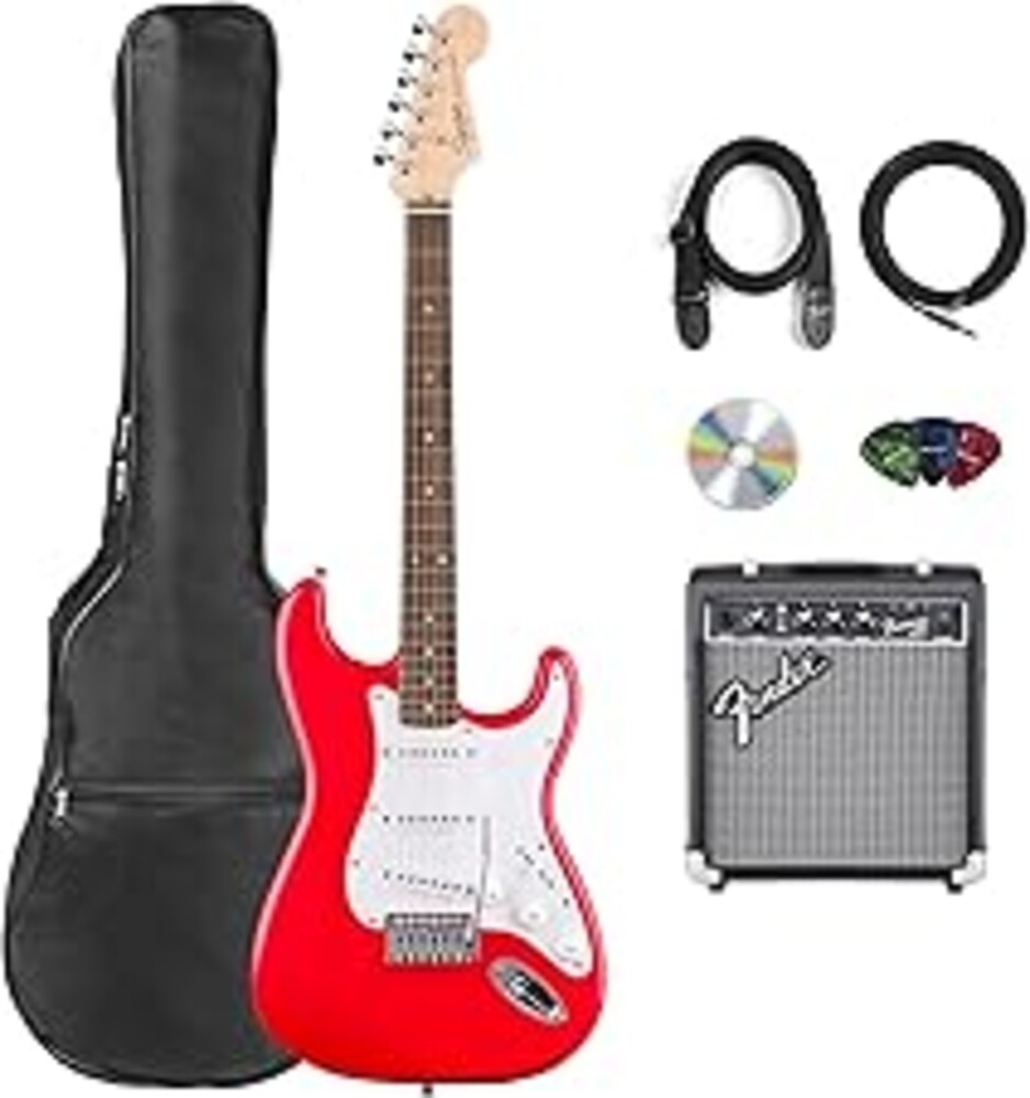 Fender Squier Stratocaster - Torino Red Bundle with Frontman 10G Amplifier, Gig Bag, Strap, Instrument Cable, Picks, and Austin Bazaar Instructional DVD
