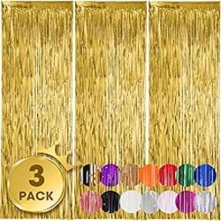 Voircoloria 3 Pack 3.3x8.2 Feet Gold Foil Fringe Backdrop Curtains, Tinsel Streamers, Fringe Backdrop for 2025 New Years Eve, Graduation, Birthday, Baby Shower, Gender Reveal, Disco Party