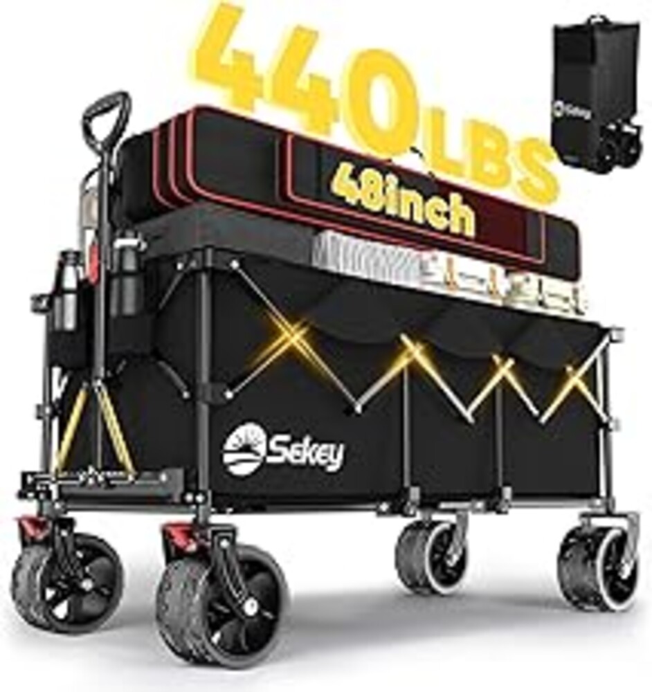 Sekey 48''L Collapsible Foldable Extended Wagon with 440lbs Weight Capacity, Heavy Duty 300L Folding Utility Garden Cart with Big All-Terrain Beach Wheels & Drink Holders. Black