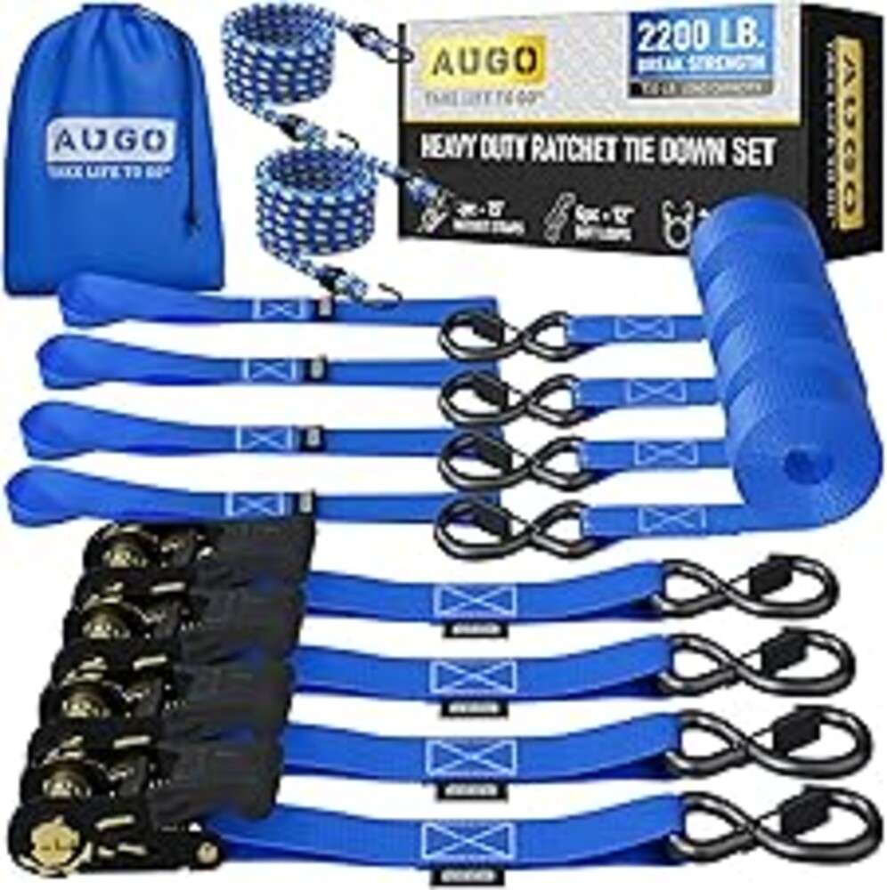 AUGO Ratchet Straps Heavy Duty 4 Pack -15 FT - 2200 LB Break Strength – with Safety Lock S Hooks - Cargo Straps for Moving, Appliances, Motorcycle – Soft Loop Tie Down Straps