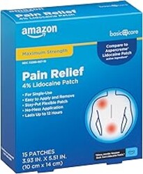 Amazon Basic Care Maximum Strength OTC Pain Relief , 4% Lidocaine Patch, 3.9” x 5.5”, 15-Count Box (Previously HealthWise)