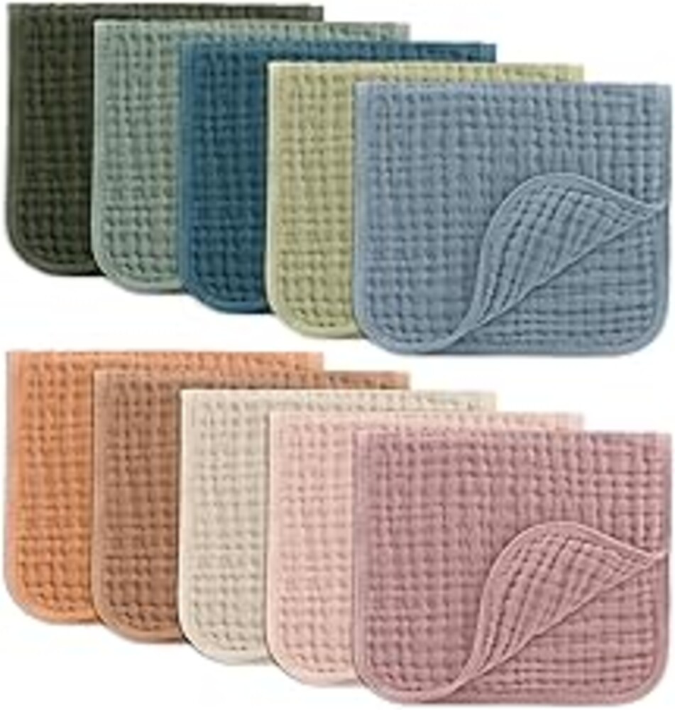 Comfy Cubs Muslin Burp Cloths 20" x 10", Pack of 10 - Large, 6-Layer, Ultra Absorbent 100% Cotton for Baby Drool and Messes - Soft, Safe & Gentle Baby Burp Cloths for Boys & Girls - Multi