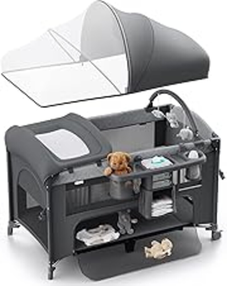 Obee Odee 4 in 1 Baby Bassinet, Pack and Play, Bedside Crib Sleeper, Diaper Changer - Comes with Mattress, Mosquito Net, Bottom Storage and Toy Bar for Newborn to Toddles