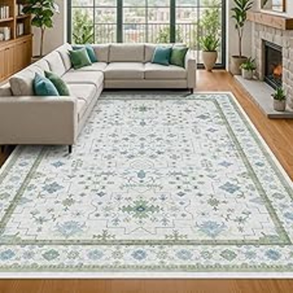 Hazo Haus Blue and Green Living Room Rug 8x10 - Cream Oushak Vintage Boho Floral Farmhouse, Washable Low Pile Non-Slip Extra Large Area Rugs for Bedroom, Girls, Boys, Playroom, Lounge