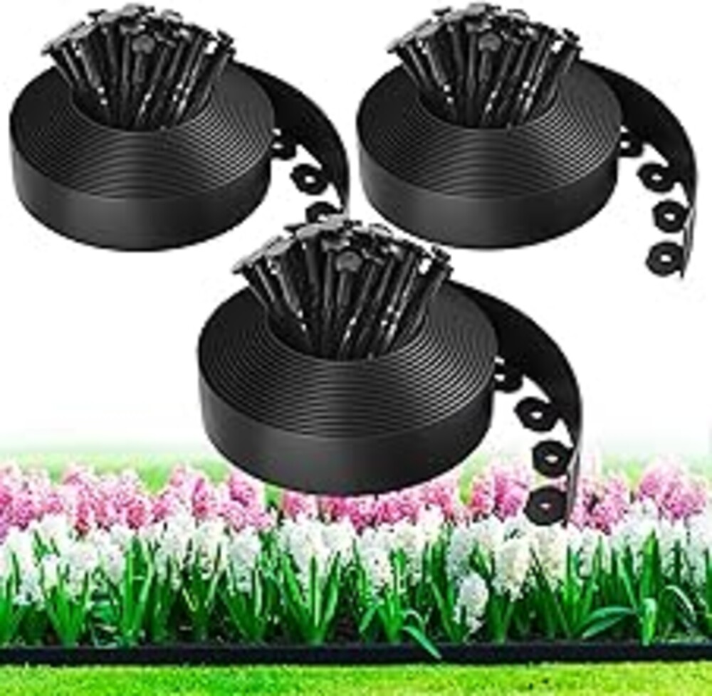100ft,1.5in Tall Landscape Edging Kit with 150 Spikes, Not Digging Flexible Plastic Edge Border for Landscaping, Lawn, Garden, Flower Beds, Yard, Paver, Playground, Fence, Pathway,3pack, 33ft Each