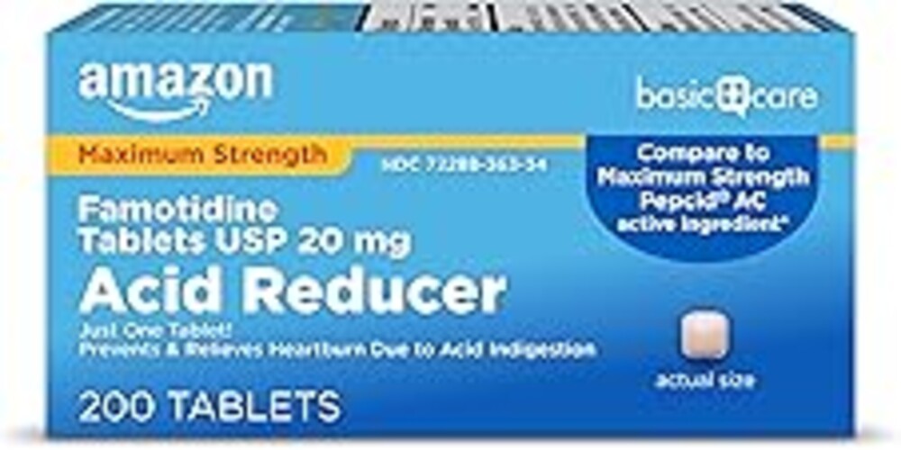 Amazon Basic Care Maximum Strength Famotidine Tablets 20 mg, Acid Reducer for Heartburn Relief, Prevents & Relieves Acid Indigestion, Heartburn Medicine, 12 Hour Protection, 200 Count