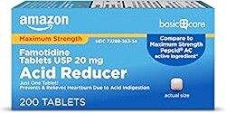 Amazon Basic Care Maximum Strength Famotidine Tablets 20 mg, Acid Reducer for Heartburn Relief, Prevents & Relieves Acid Indigestion, Heartburn Medicine, 12 Hour Protection, 200 Count