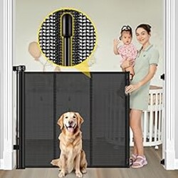 Reinforced 42” Extra Tall Retractable Baby Gates with Rods, Extends up to 60” Wide, Tall Retractable Dog Gate for Doorways Prevent Crawling Through Mesh Pet Gate Indoor Outdoor, Black