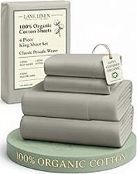 LANE LINEN 100% Organic Cotton King Sheet Set, 4Pc Cotton Sheets King Size, Soft & Comfy Percale Eco Friendly Sustainably Produced Bedding Sheets & Pillowcases, 15" Deep Pocket King Sheet Set - Silver
