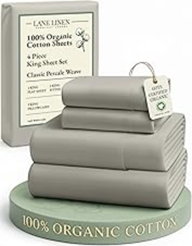 LANE LINEN 100% Organic Cotton King Sheet Set, 4Pc Cotton Sheets King Size, Soft & Comfy Percale Eco Friendly Sustainably Produced Bedding Sheets & Pillowcases, 15" Deep Pocket King Sheet Set - Silver