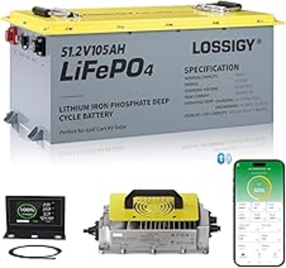48V Lithium Golf Cart Battery, LiFePO4 Battery with 200A BMS, Peak Current 1000A(3-5S), Includes 18A Charger, Bluetooth APP & Touch Monitor, Perfect for Golf Carts, RV(105Ah)