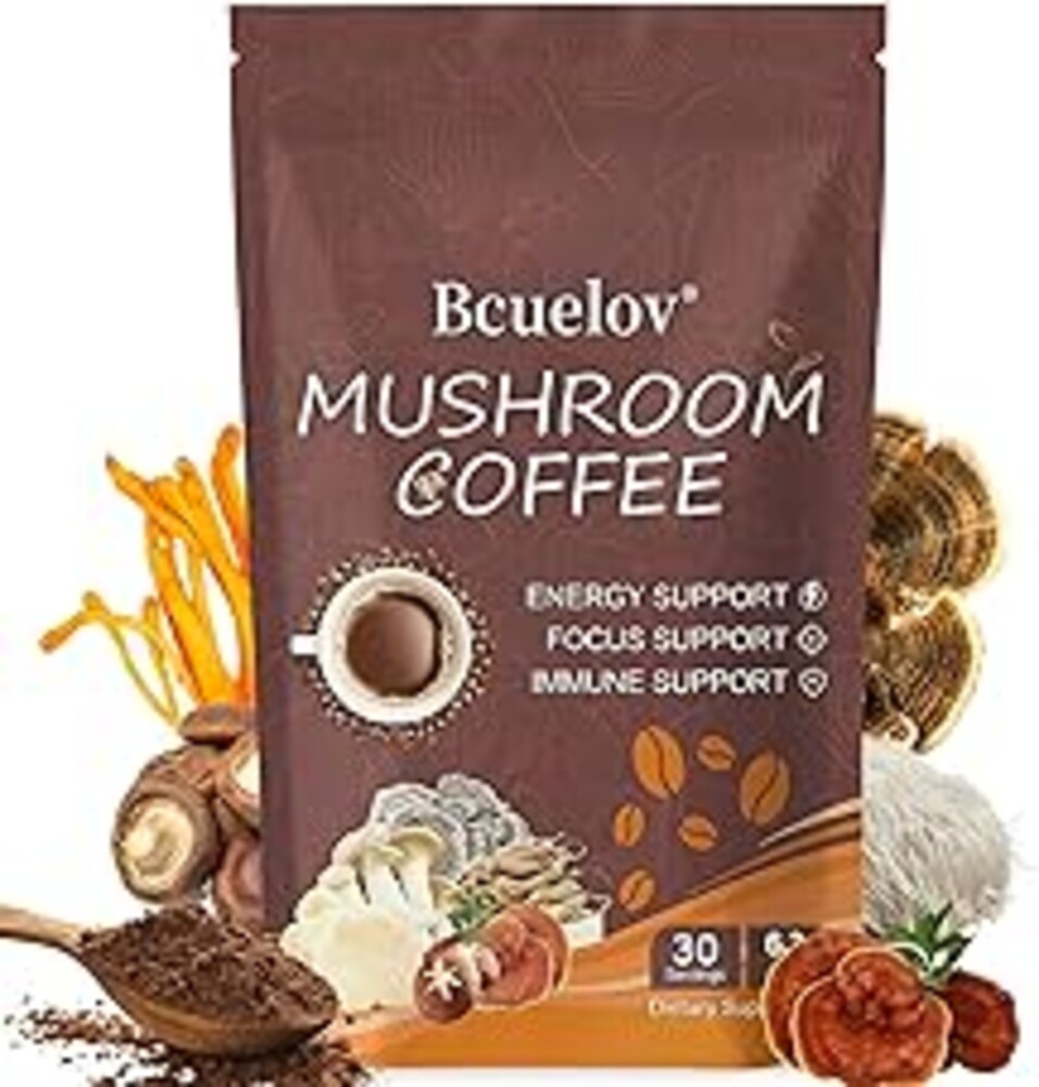 Mushroom Coffee,Instant Coffee with 6 Adaptogenic Mushrooms (Cordyceps, Lion’s Mane, Shiitake, Turkey Tail) for Better Energy, Focus, Positive Mood & Immune Support - 30 Servings