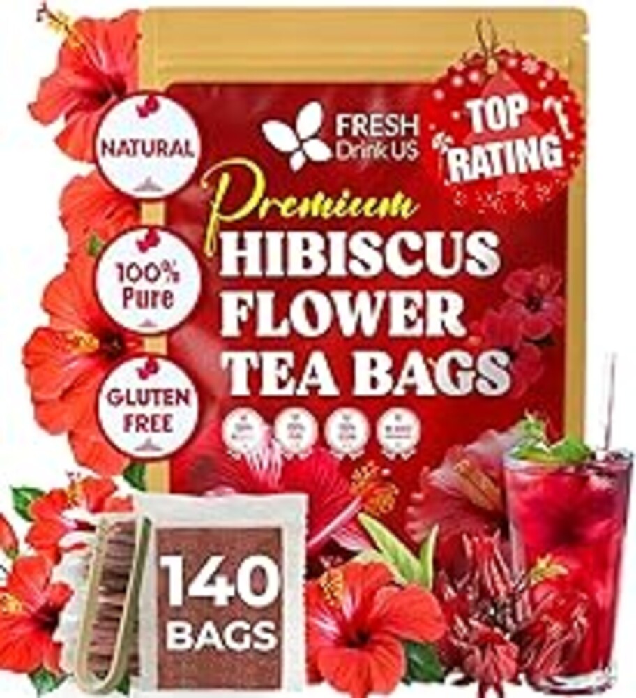 FRESHDRINKUS 140 Hibiscus Flowers Tea Bags, 100% Natural, Pure from Hibiscus Flowers. Loose Flower Hibiscus Herbal Tea. Hibiscus Flower Tea. No Sugar, No Caffeine, No Gluten, Vegan.