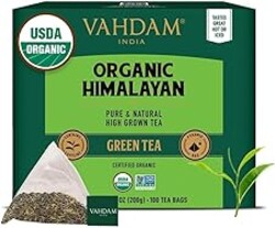 VAHDAM, Organic Himalayan Green Tea (100 Count) High Grown, Non GMO, Gluten Free, Low Caffeine | Earthy & Smooth | Resealable & Plant-Based Pyramid Tea Bags