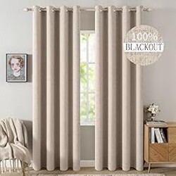 MIULEE 100% Blackout Linen Textured Curtains for Bedroom Solid Thermal Insulated Natural Beige Grommet Room Darkening Curtains & Drapes Luxury Decor for Living Room Nursery 52 x 96 Inch (2 Panels)