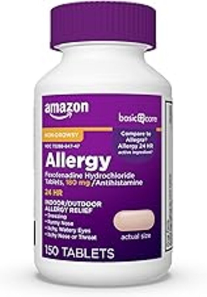 Amazon Basic Care All Day Allergy Relief, Fexofenadine Hydrochloride Tablets, 180 mg, Antihistamine, Non-Drowsy, 24-Hour Relief for Sneezing, Itchy Eyes, Runny Nose, Hay Fever, 150 Count