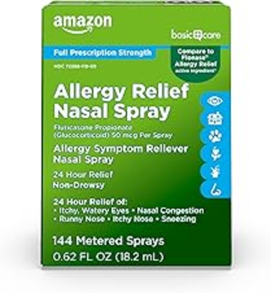 Amazon Basic Care 24-Hour Allergy Relief Nasal Spray, Fluticasone Propionate (Glucocorticoid), 50 mcg, Full Prescription Strength, Non-Drowsy, 0.62 Fl Oz