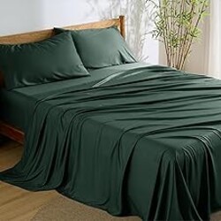 Bedsure King Size Sheets Set, Cooling Sheets for Hot Sleepers, Rayon Derived from Bamboo, PureWoven, Breathable & Soft, Deep Pocket Up to 16 Inches, Hotel Luxury Silky Bedding, Forest Green