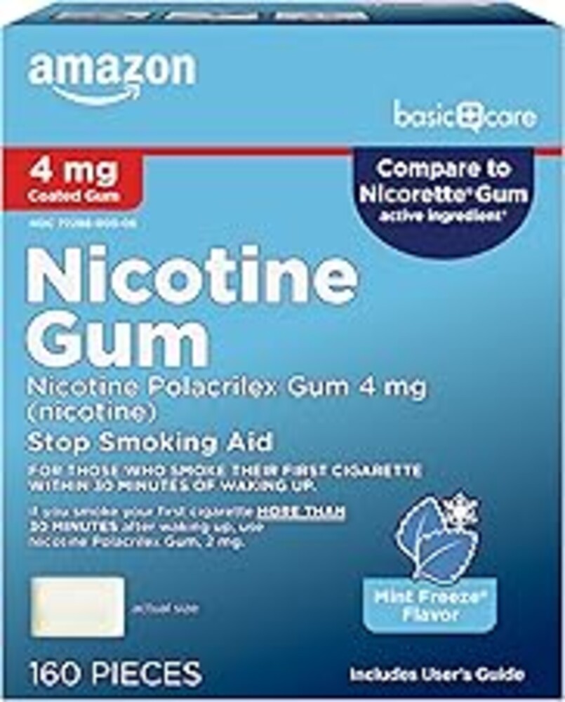 Amazon Basic Care Coated Nicotine Polacrilex Gum 4 mg, Ice Mint Flavor, Stop Smoking Aid, Nicotine Replacement Therapy, Reduces Withdrawal Symptoms, 160 Count