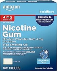 Amazon Basic Care Coated Nicotine Polacrilex Gum 4 mg, Ice Mint Flavor, Stop Smoking Aid, Nicotine Replacement Therapy, Reduces Withdrawal Symptoms, 160 Count