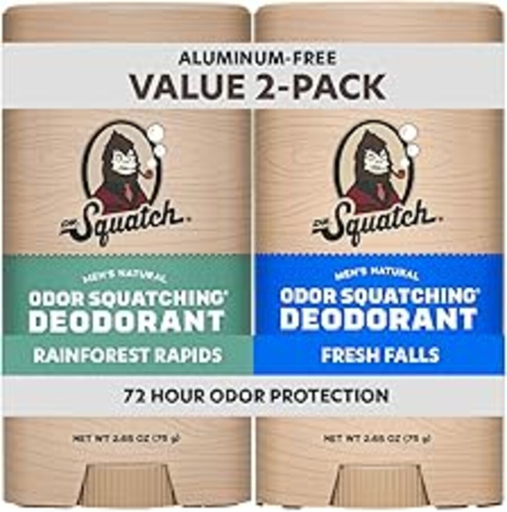 Dr. Squatch Natural Men’s Deodorant – Aluminum Free Natural Deodorant Men with Charcoal & Postbiotics for 72-Hour Odor Protection – Rainforest Rapids + Fresh Falls, 2.65oz Stick (2-Pack)