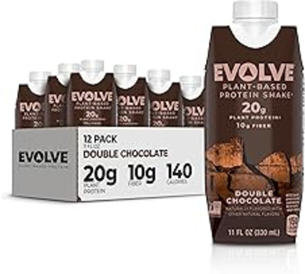 Evolve Plant Based Protein Shake, Double Chocolate, 20g Vegan Protein, Dairy Free, No Artificial Sweeteners, Non-GMO, 10g Fiber, 11 Fl Oz (Pack of 12) - (Formula May Vary)