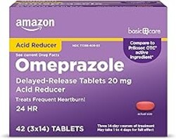 Amazon Basic Care Omeprazole Delayed Release Tablets 20 mg, Acid Reducer, treats frequent heartburn,, Cream, Regular, 42 Count (Pack of 1), 42 Count,