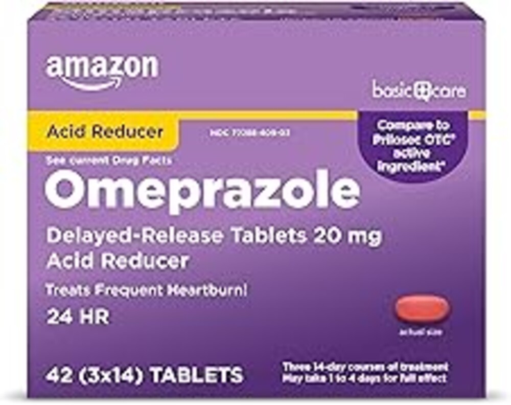 Amazon Basic Care Omeprazole Delayed Release Tablets 20 mg, Acid Reducer, treats frequent heartburn,, Cream, Regular, 42 Count (Pack of 1), 42 Count,