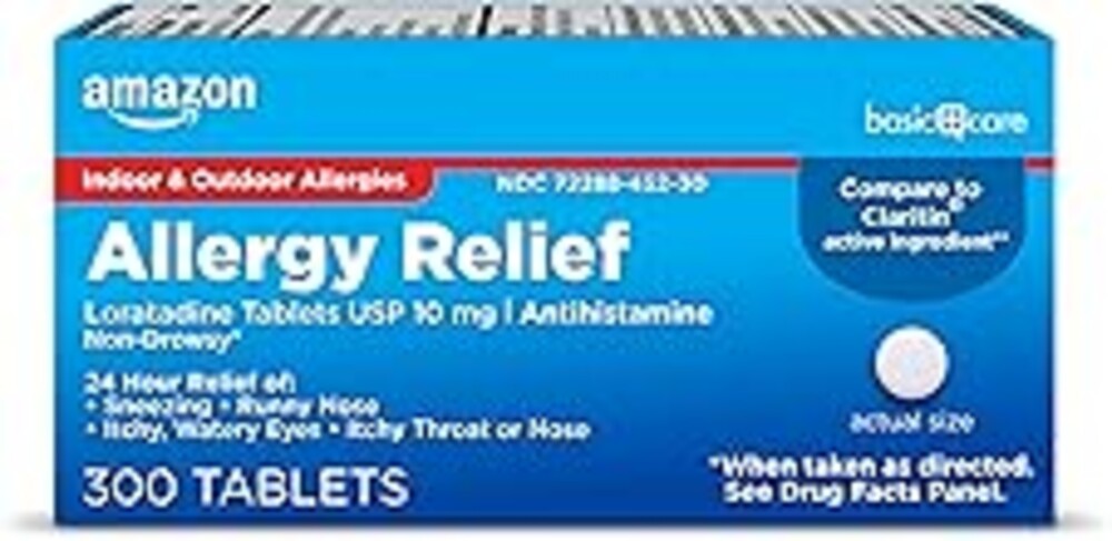 Amazon Basic Care Allergy Relief Loratadine Tablets 10 mg, 24-Hour Non-Drowsy Antihistamine for Runny Nose, Sneezing, Itchy Eyes, 300 Count (Packaging may vary)