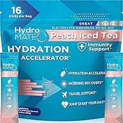 HydroMATE Electrolyte Powder Peach Tea Hydration Packets Low Sugar 16 Count